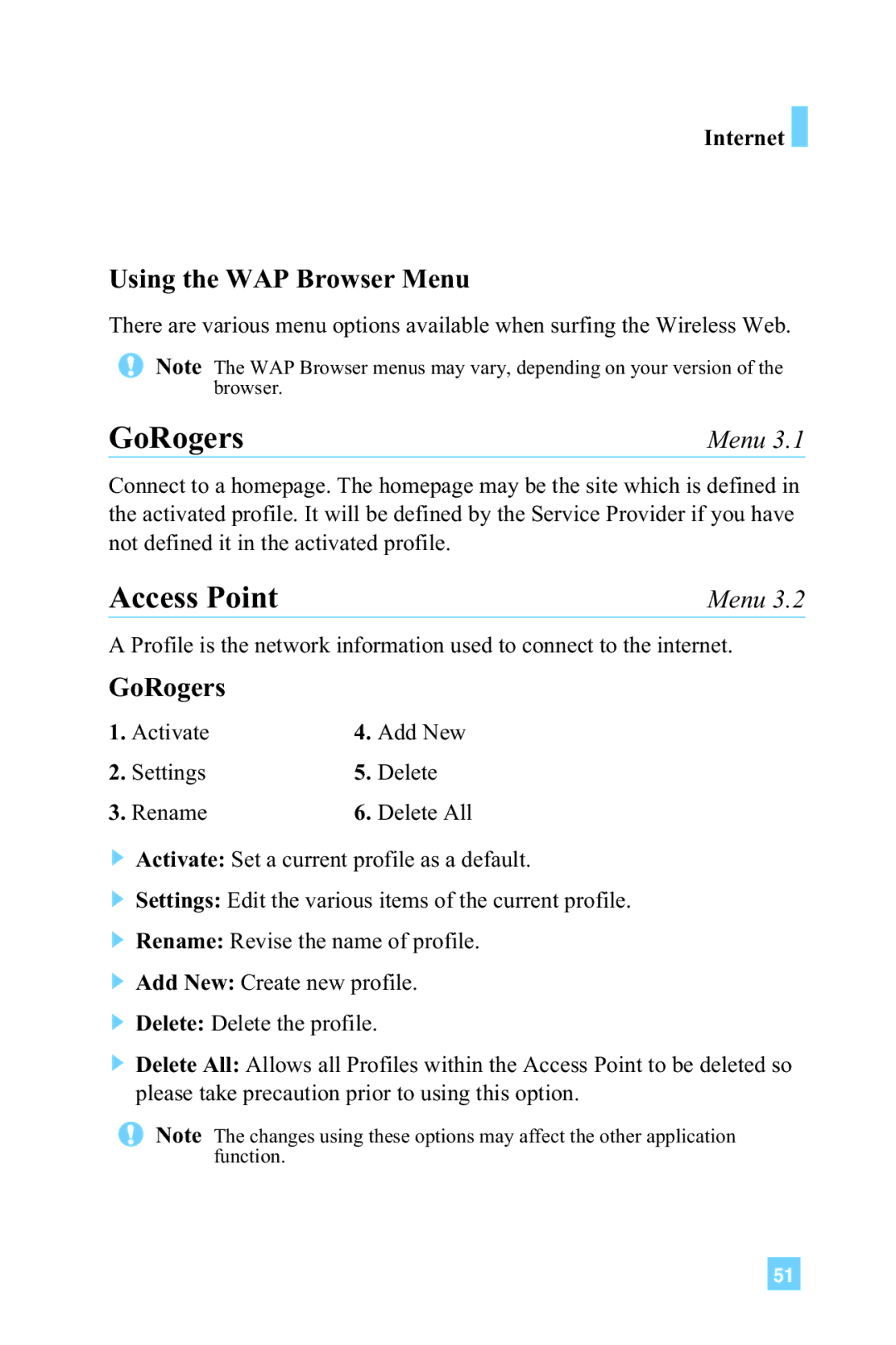 LG Electronics 4015 manual GoRogers, Access Point, Using the WAP Browser Menu, Internet 