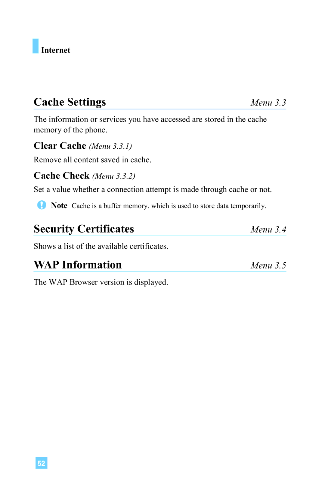 LG Electronics 4015 manual Cache Settings, Security Certificates, WAP Information, Clear Cache Menu, Cache Check Menu 