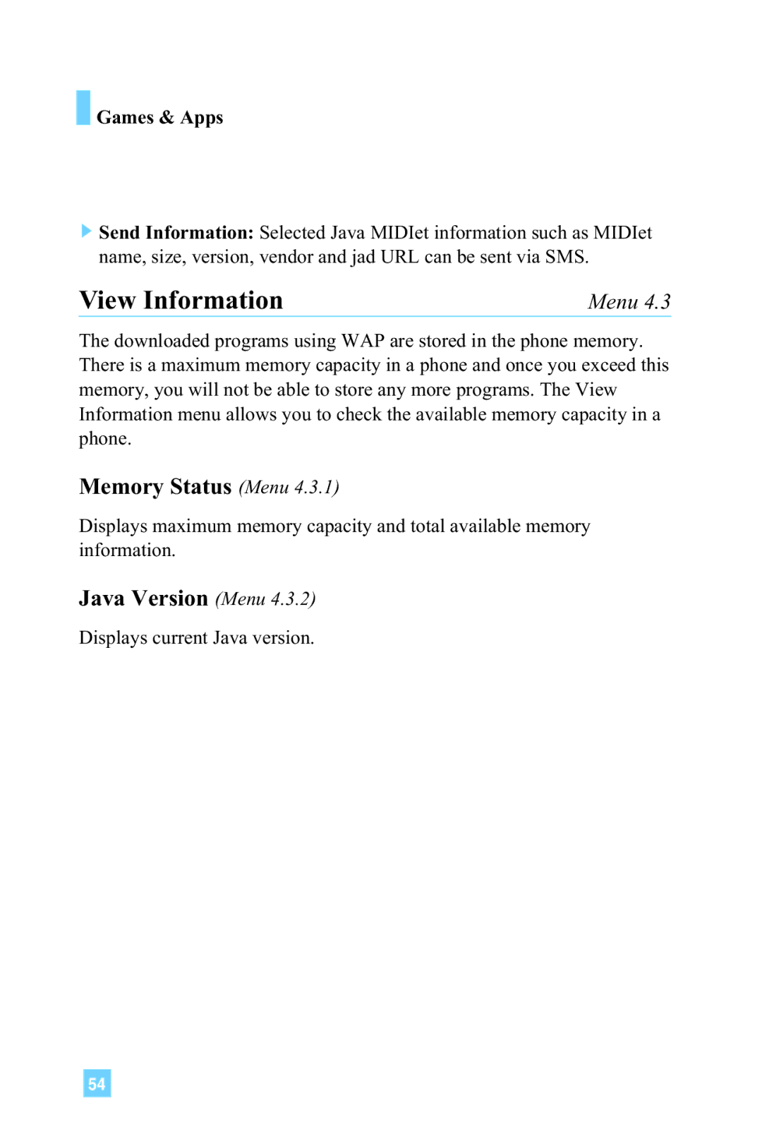 LG Electronics 4015 manual View Information, Memory Status Menu, Java Version Menu, Games & Apps 