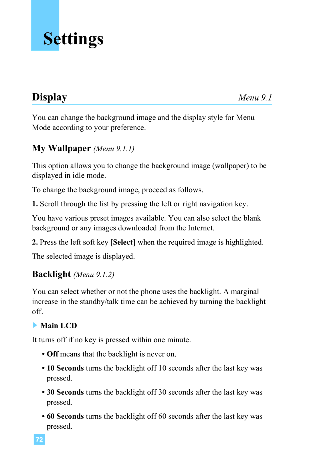 LG Electronics 4015 manual Settings, Display, My Wallpaper Menu, Backlight Menu, Main LCD 