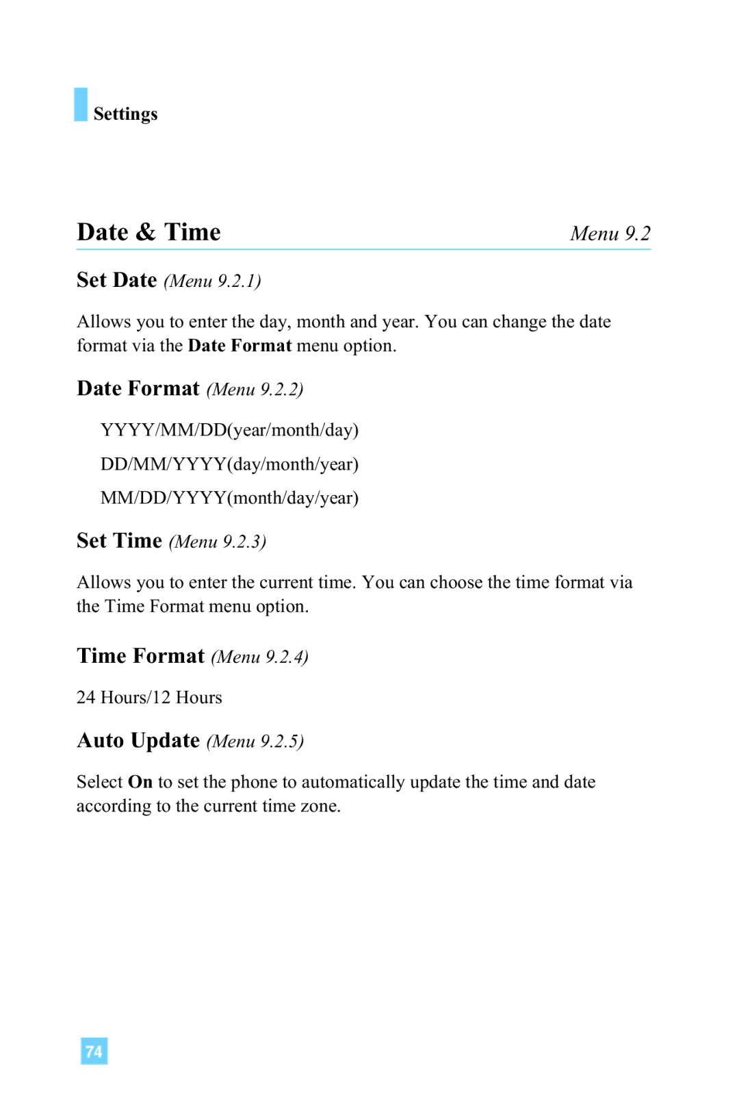 LG Electronics 4015 manual Date & Time, Date Format Menu, Time Format Menu, Auto Update Menu 