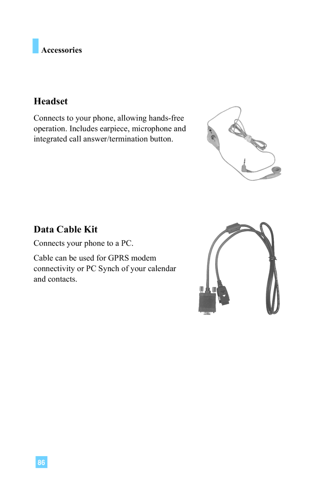 LG Electronics 4015 manual Headset, Data Cable Kit, Accessories 