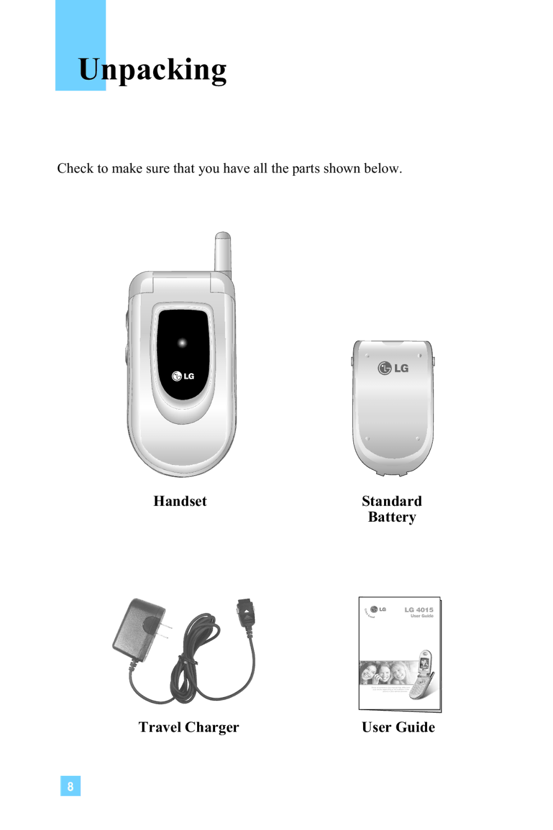 LG Electronics 4015 manual Unpacking, Handset, Travel Charger 