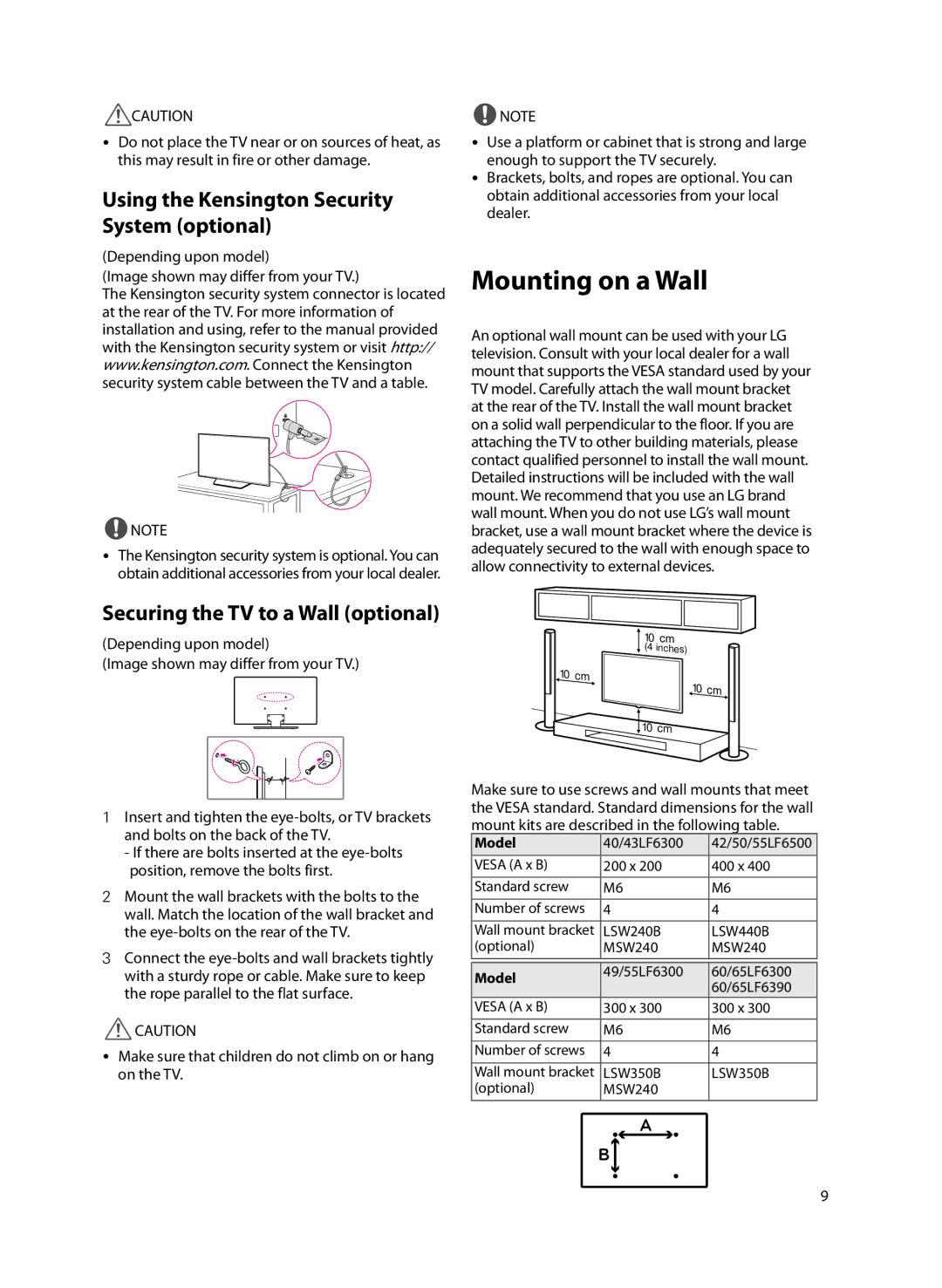 LG Electronics 40LF6300 setup guide Mounting on a Wall, Using the Kensington Security System optional, Model 