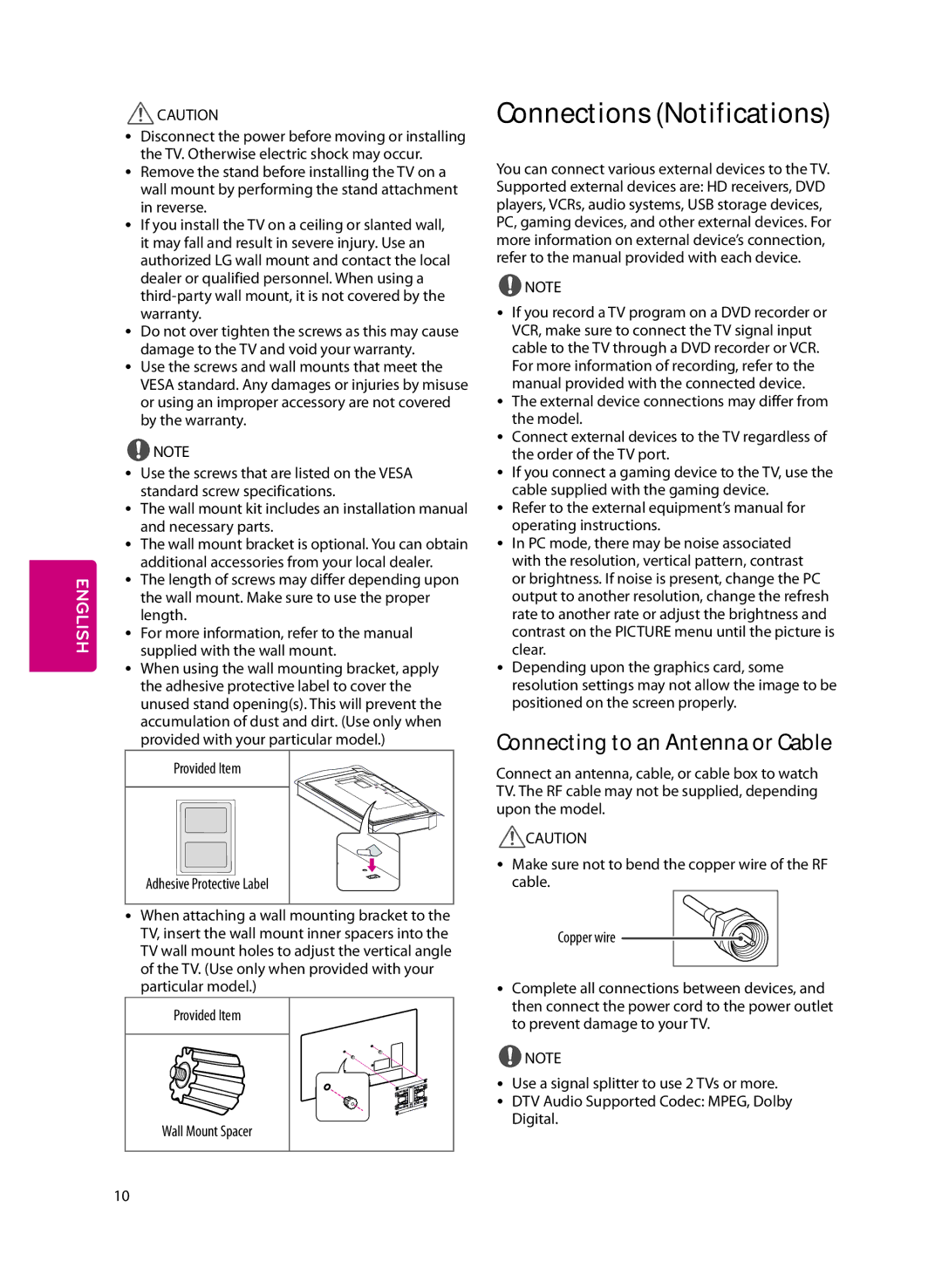 LG Electronics 40LF6300 setup guide Connections Notifications, Connecting to an Antenna or Cable, Digital 