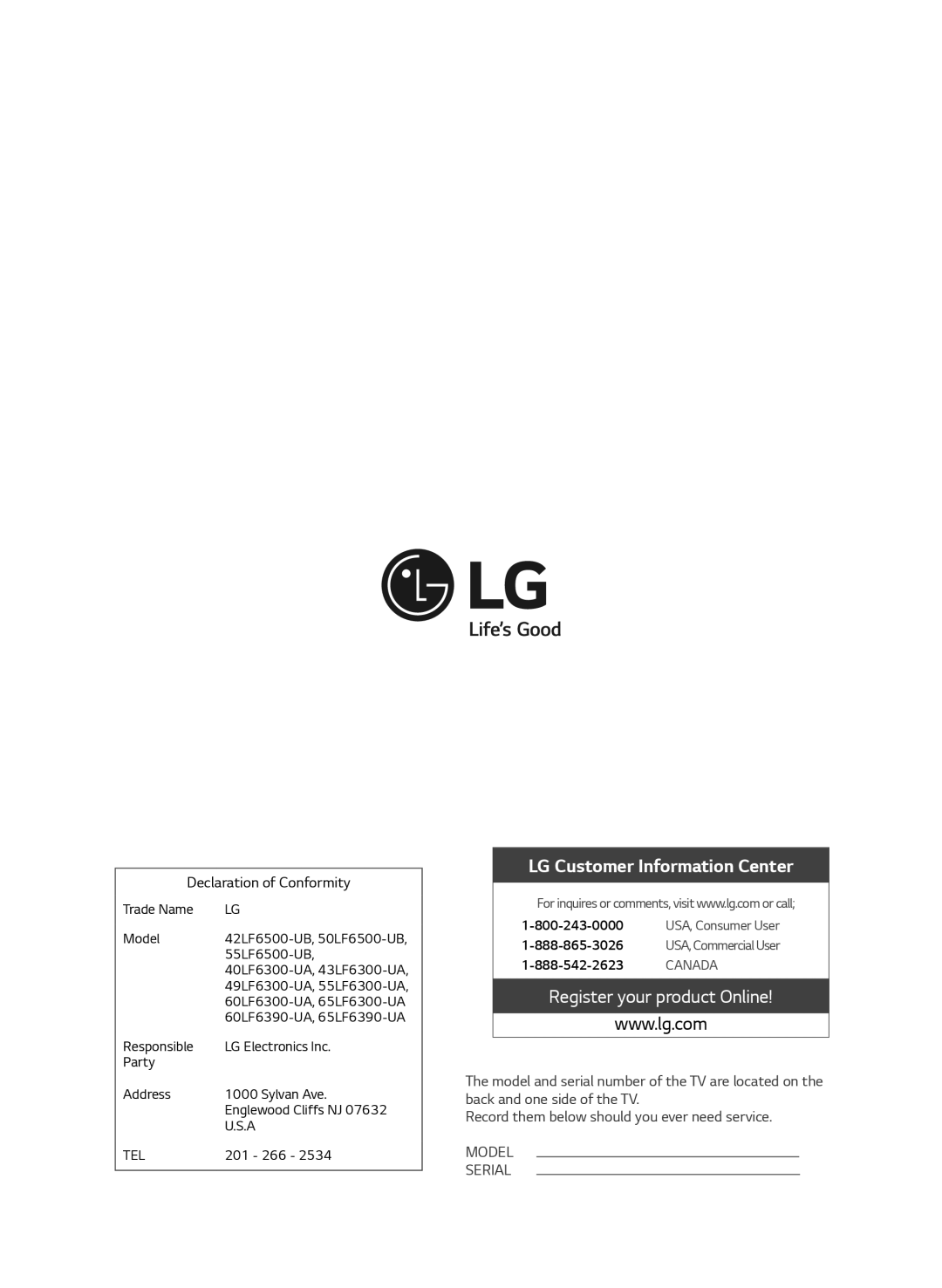 LG Electronics 40LF6300 setup guide LG Customer Information Center 