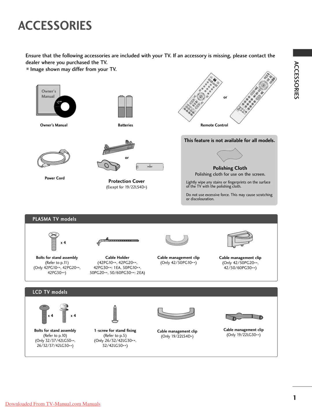 LG Electronics 37 7L LG G5 50, 42 2P PG G3 30, 42 2P PG G2 20 owner manual Accessories, Polishing cloth for use on the screen 