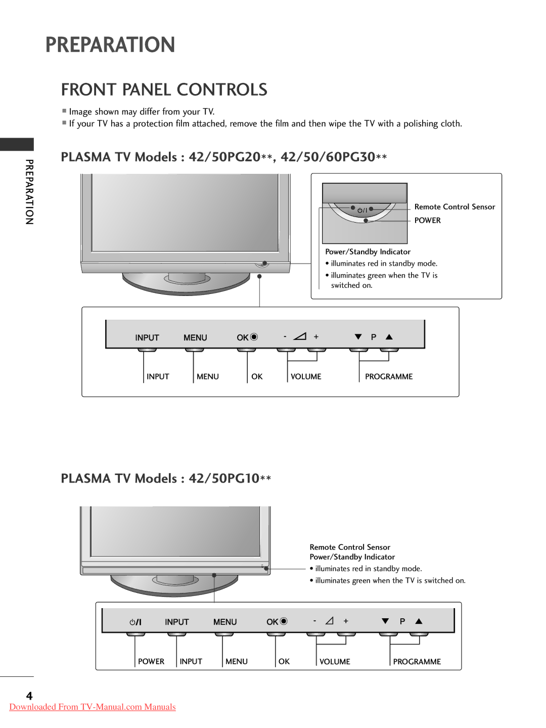 LG Electronics 32 2L LG G5 50, 42 2P PG G3 30, 42 2P PG G2 20, 37 7L LG G3 30 owner manual Preparation, Front Panel Controls 