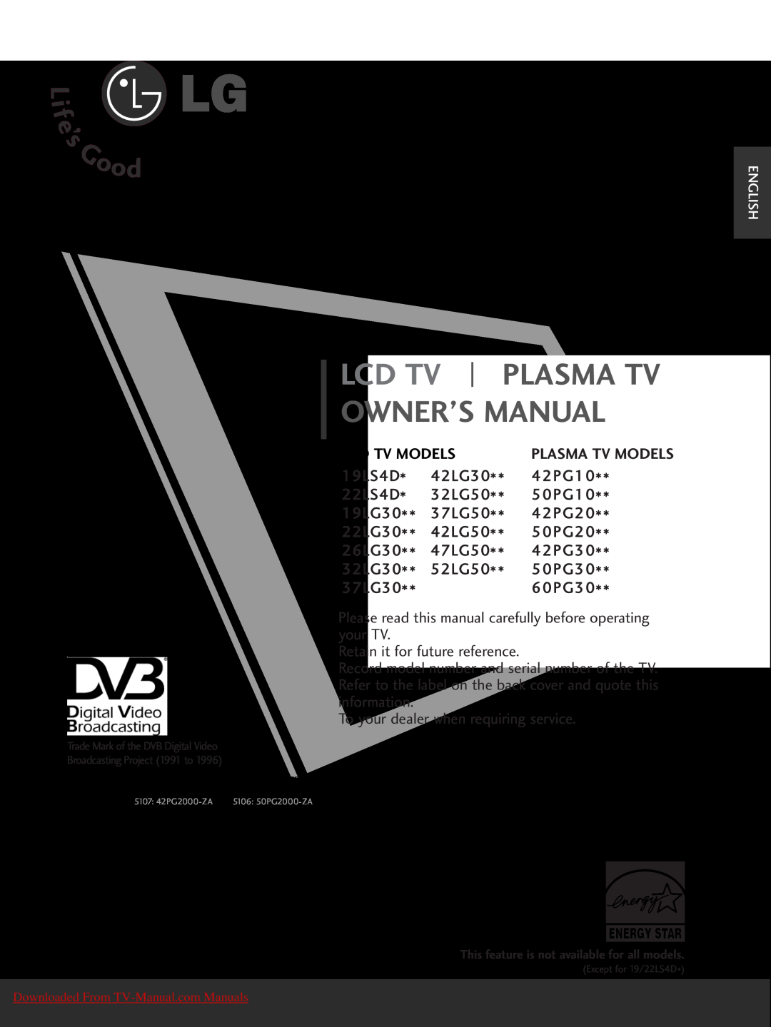 LG Electronics 42 2P PG G2 20, 42 2P PG G3 30, 37 7L LG G3 30 owner manual Lcd Tv Models, Owner’S Manual, Plasma Tv 