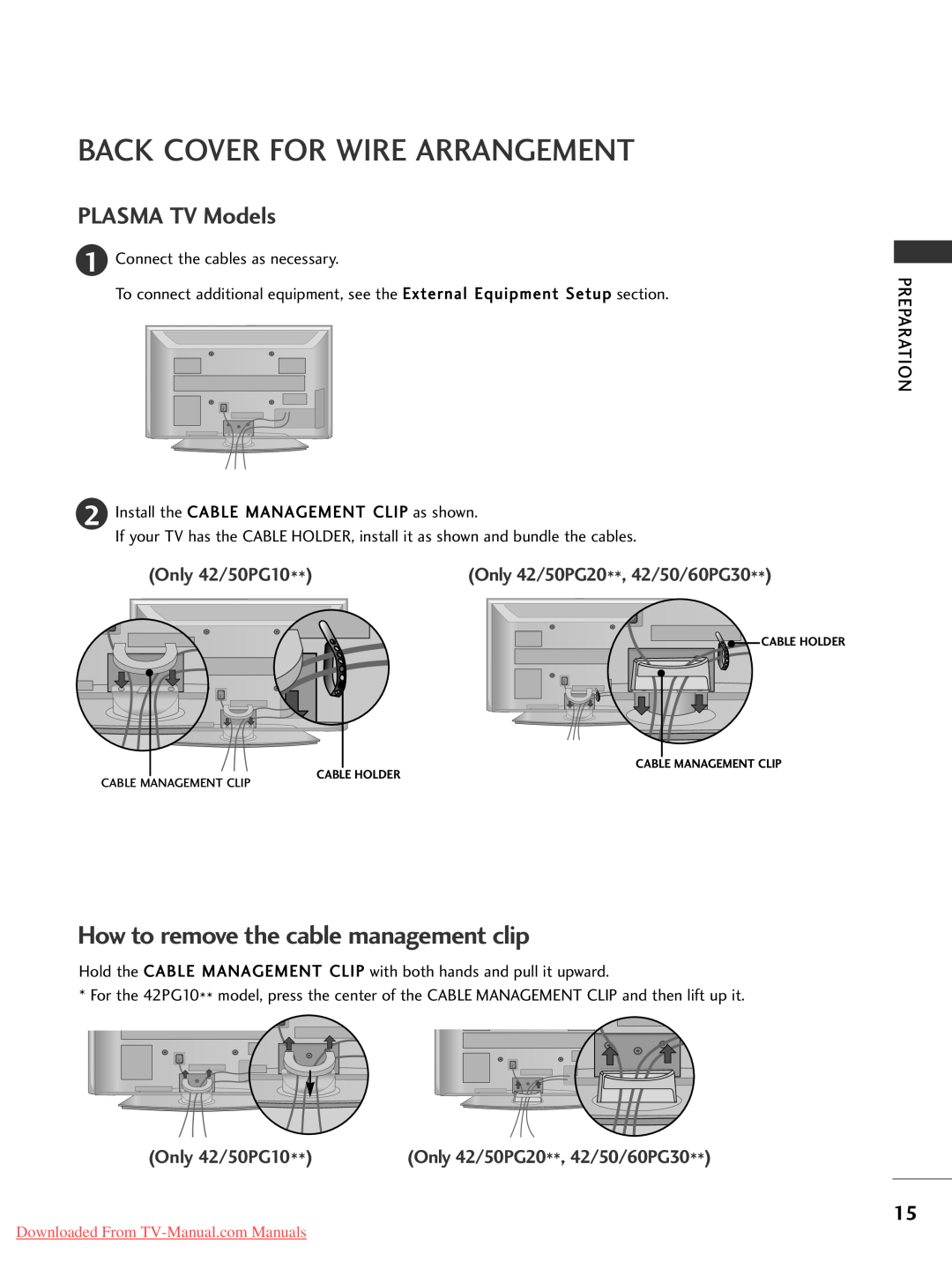 LG Electronics 22 2L LG G3 30 Back Cover For Wire Arrangement, How to remove the cable management clip, PLASMA TV Models 