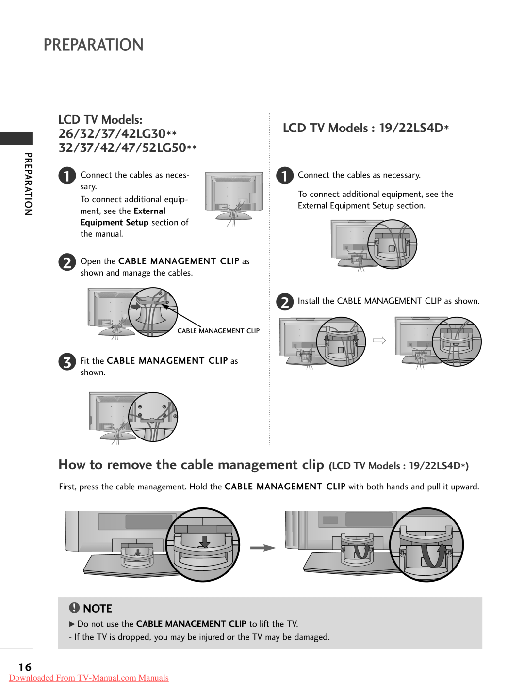 LG Electronics 19 9L LS S4 4D, 42 2P PG G3 30 How to remove the cable management clip LCD TV Models 19/22LS4D, Preparation 