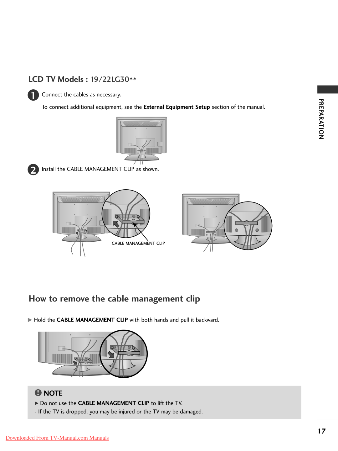 LG Electronics 19 9L LG G3 30, 42 2P PG G3 30 owner manual How to remove the cable management clip, LCD TV Models 19/22LG30 