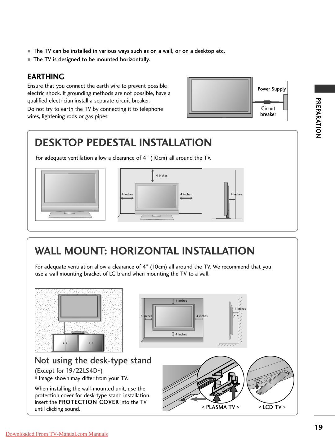 LG Electronics 42 2P PG G2 20, 42 2P PG G3 30 Desktop Pedestal Installation, Wall Mount Horizontal Installation, Earthing 