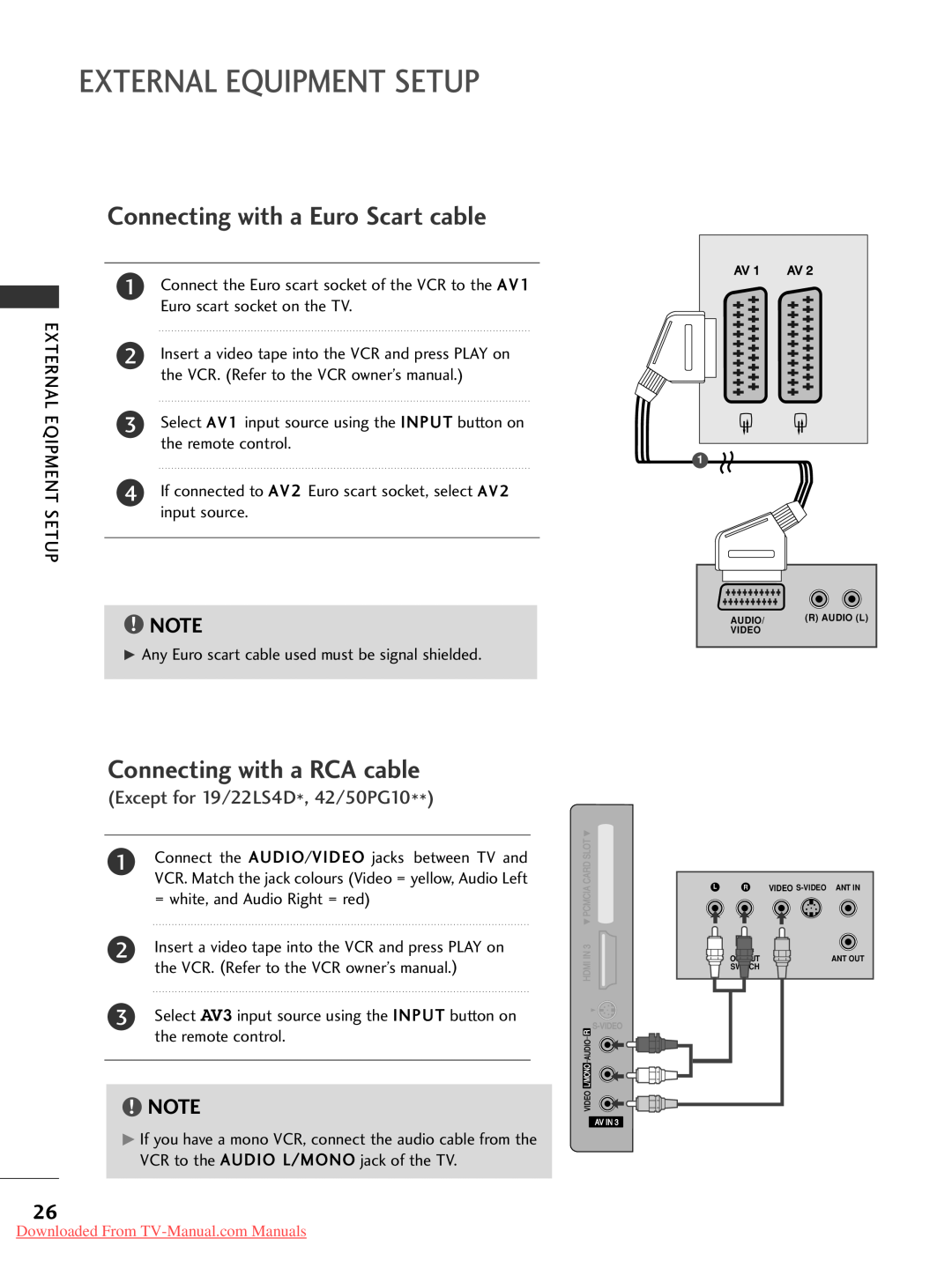 LG Electronics 42 2P PG G1 10 Connecting with a RCA cable, External Equipment Setup, Connecting with a Euro Scart cable 