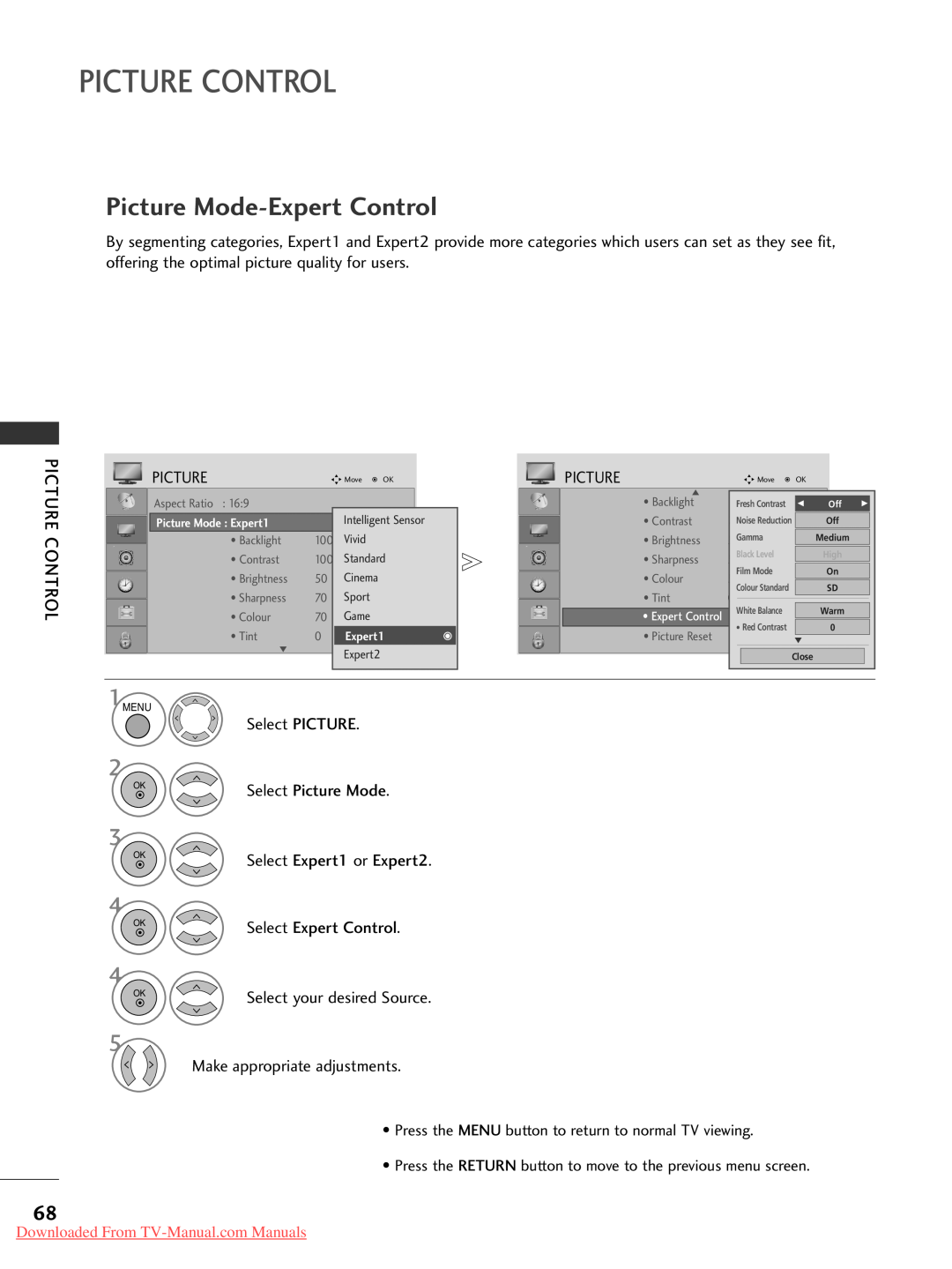 LG Electronics 4 42 2L LG G5 50, 42 2P PG G3 30 Picture Mode-Expert Control, Picture Control, Select Expert1 or Expert2 