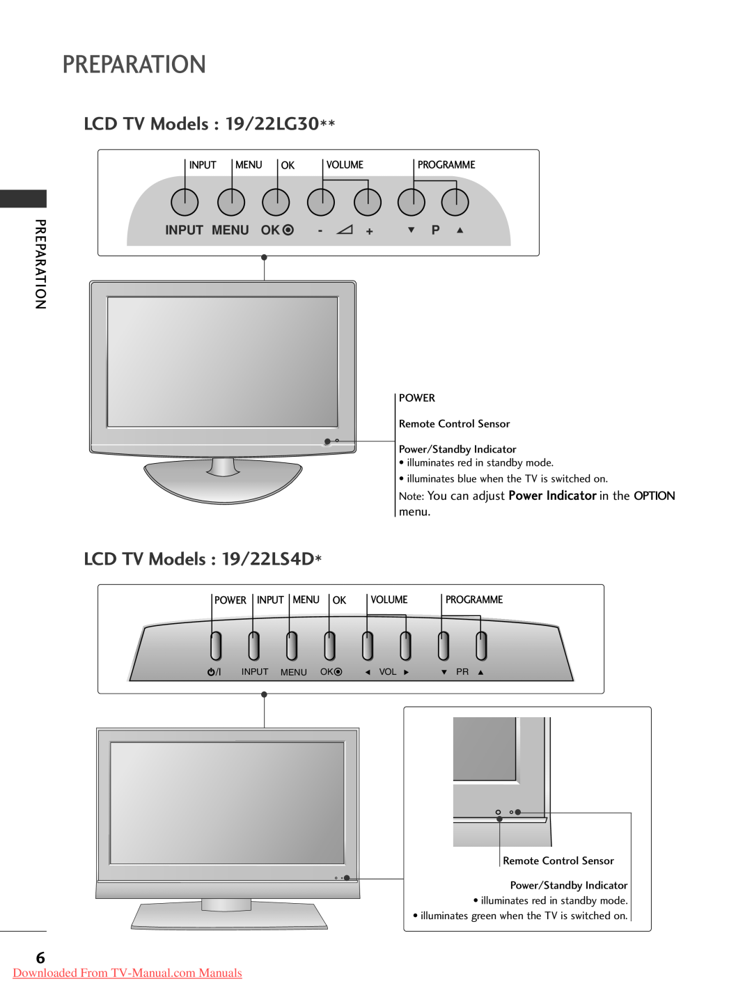 LG Electronics 42 2P PG G1 10 owner manual Preparation, LCD TV Models 19/22LG30, LCD TV Models 19/22LS4D, Input Menu Ok - + 
