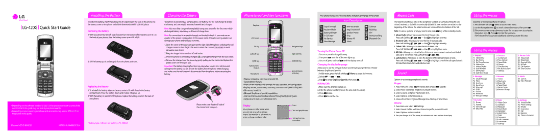 LG Electronics 420G quick start Installing the Battery, Charging the Battery, Phone layout and key functions, Recent Calls 