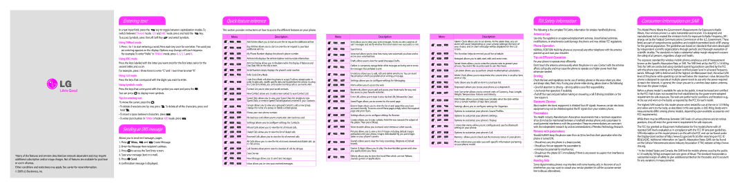 LG Electronics 420G quick start Entering text, Sending an SMS message, Quick feature reference, TIA Safety Information 