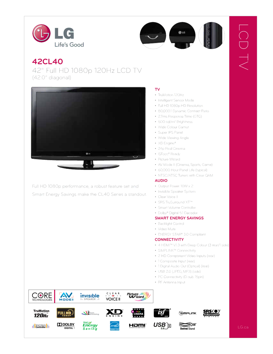 LG Electronics 42CL40 manual Audio, Smart Energy Savings, Connectivity 