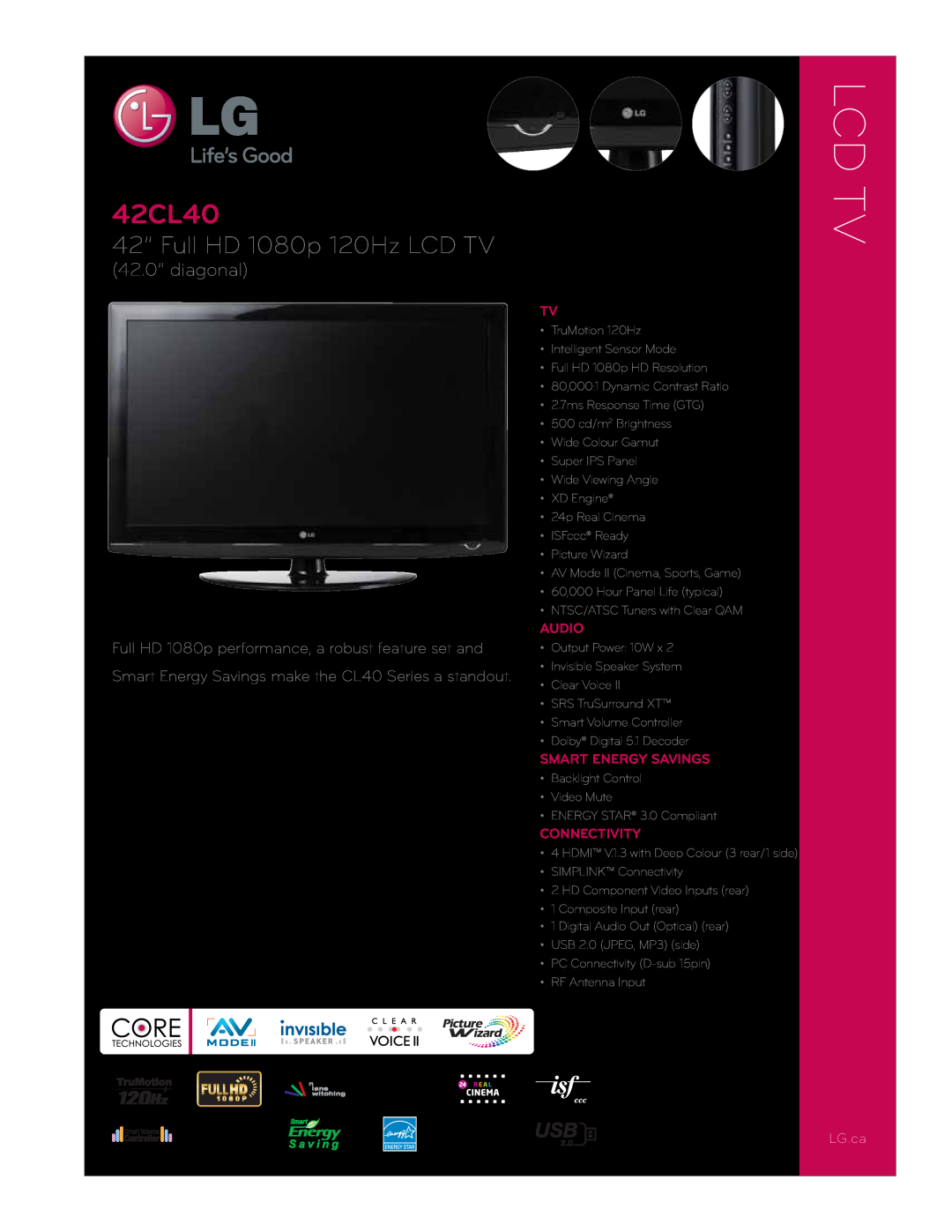 LG Electronics 42CL40 manual Lcd Tv, 42” Full HD 1080p 120Hz LCD TV, 42.0” diagonal, LG.ca, Audio, Smart Energy Savings 