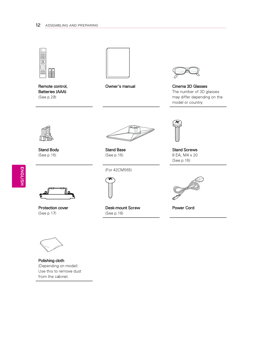 LG Electronics 47CM565 owner manual See p.16 EA, M4 x For 42CM565 