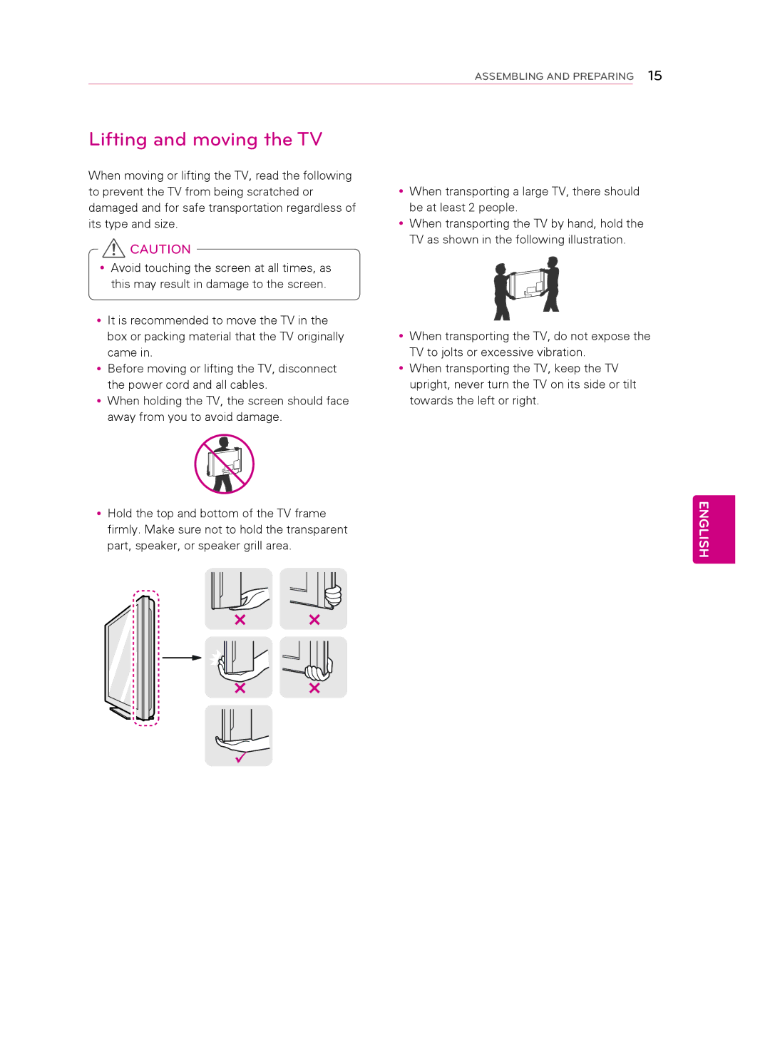 LG Electronics 47CM565, 42CM565 owner manual Lifting and moving the TV 