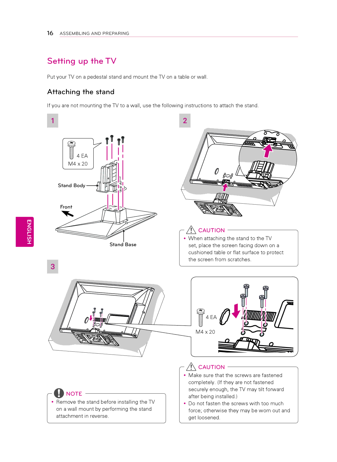 LG Electronics 42CM565, 47CM565 owner manual Setting up the TV, Attaching the stand 