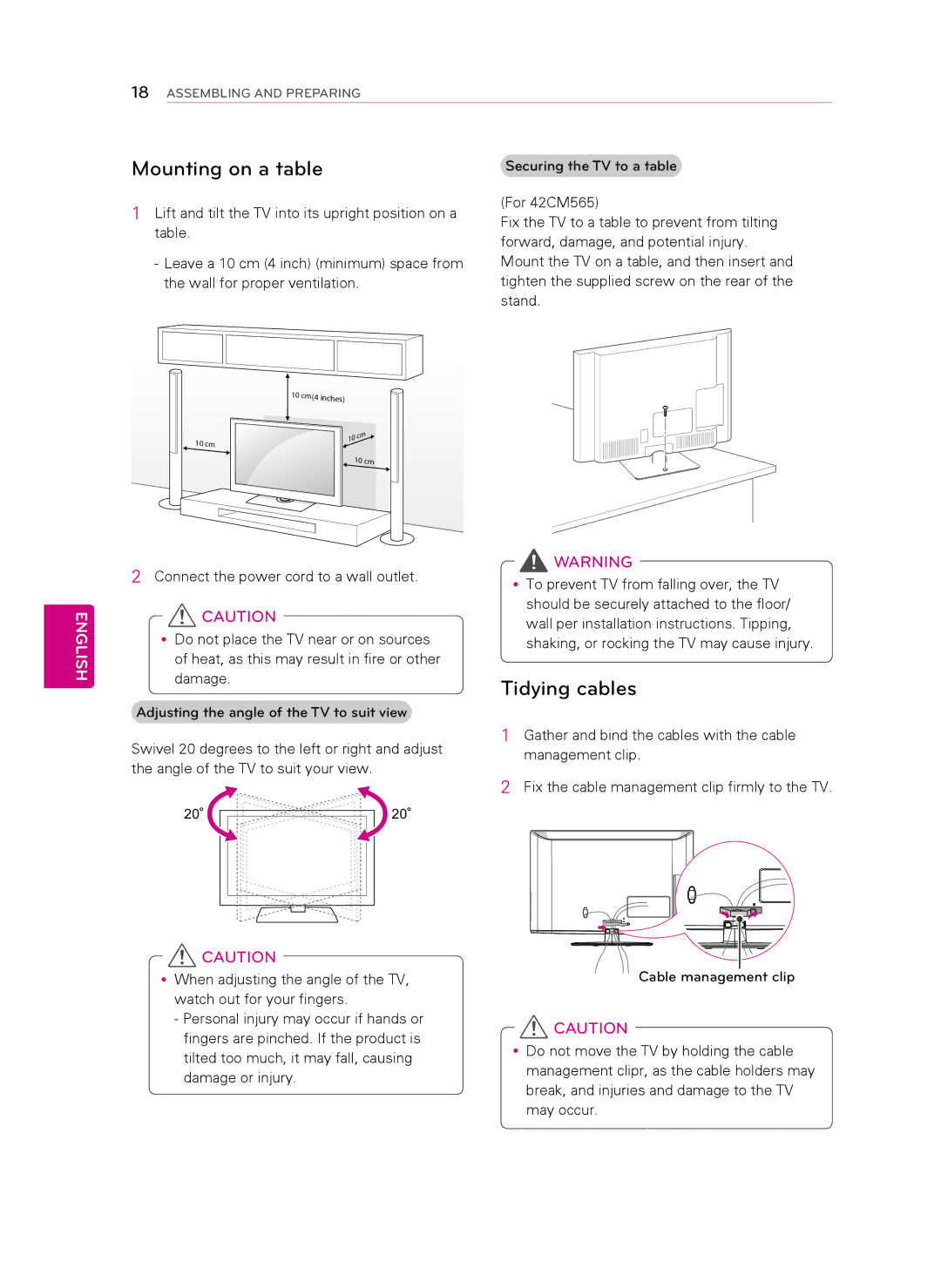 LG Electronics 42CM565, 47CM565 owner manual Mounting on a table, Tidying cables 