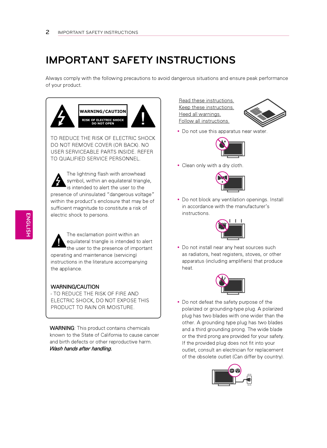 LG Electronics 42CM565, 47CM565 owner manual Important Safety Instructions, English 