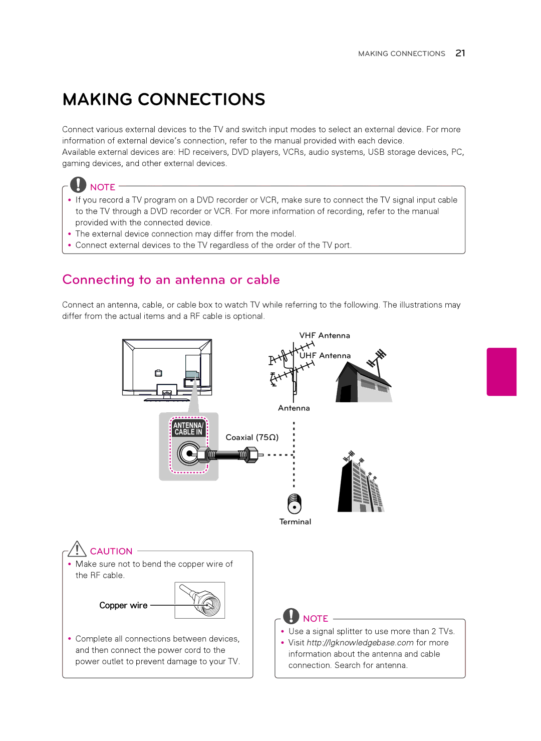 LG Electronics 47CM565, 42CM565 owner manual Making Connections, Connecting to an antenna or cable, Copper wire 