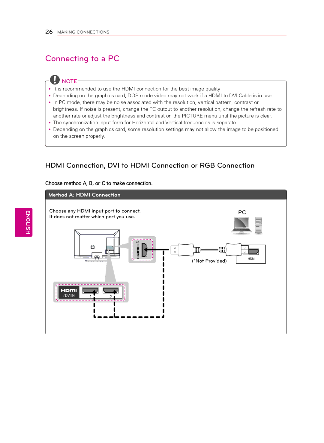 LG Electronics 42CM565, 47CM565 owner manual Connecting to a PC, Hdmi Connection, DVI to Hdmi Connection or RGB Connection 