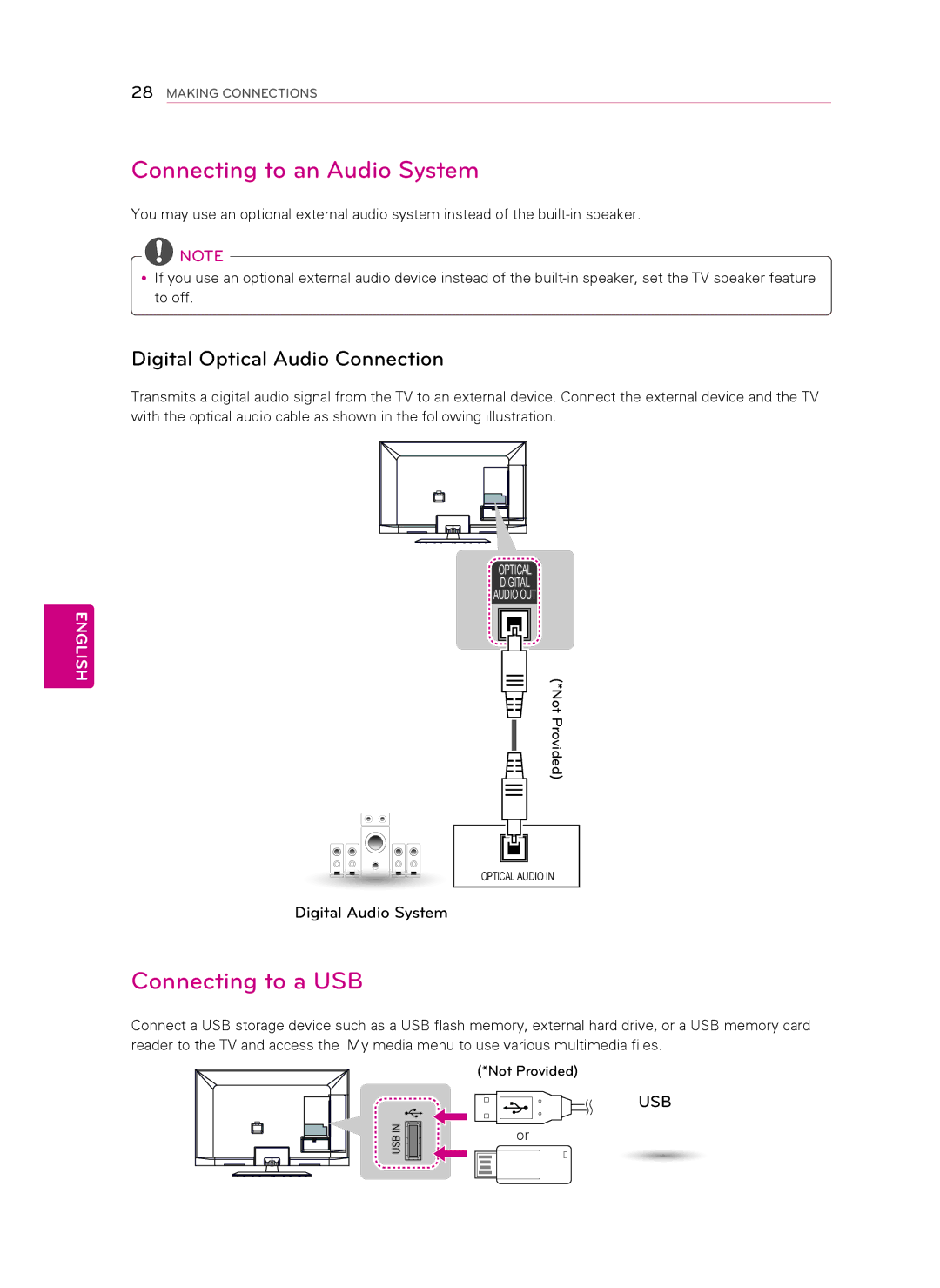 LG Electronics 42CM565, 47CM565 Connecting to an Audio System, Connecting to a USB, Digital Optical Audio Connection 