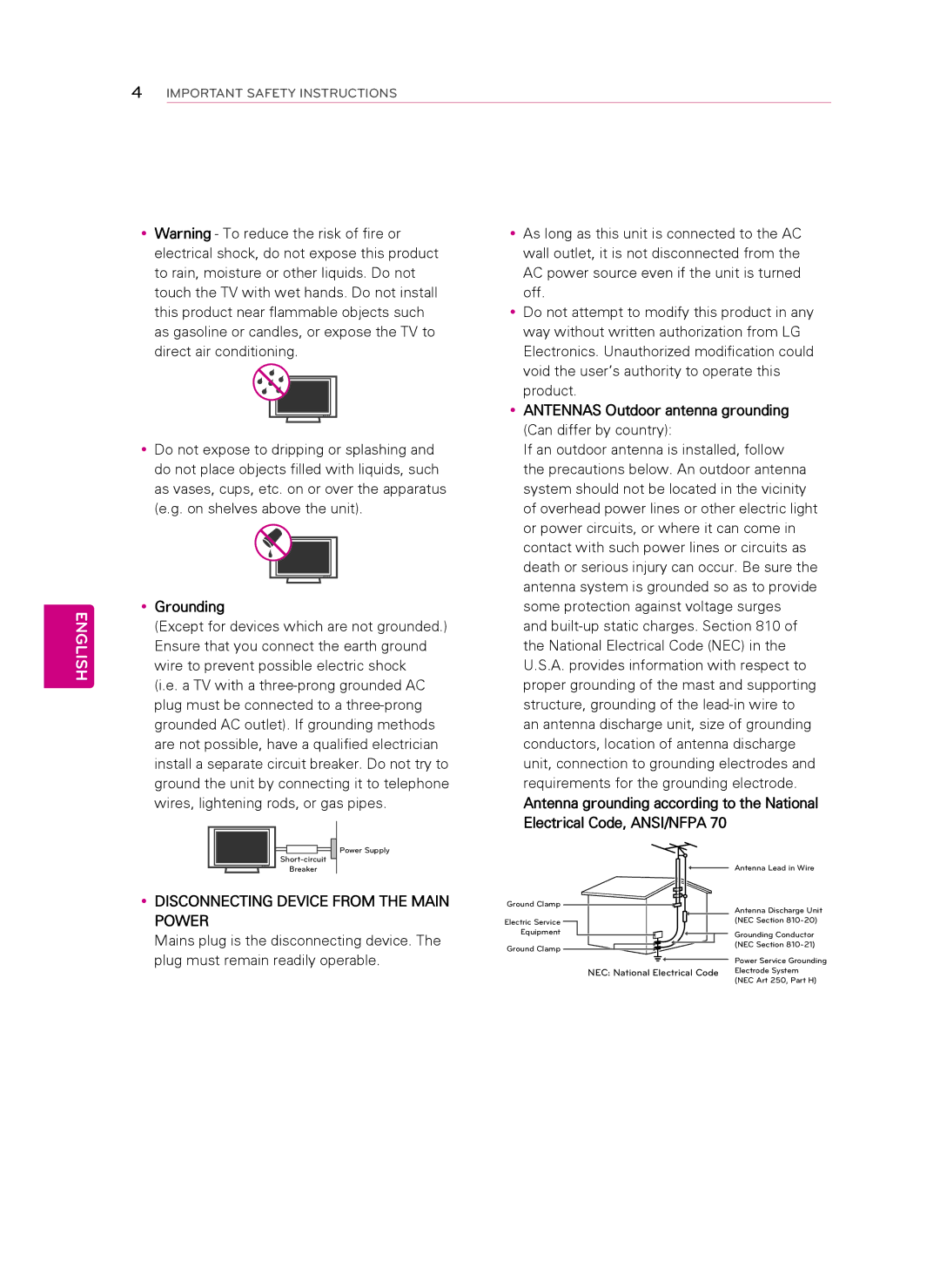 LG Electronics 42CM565, 47CM565 owner manual YyGrounding, YyANTENNAS Outdoor antenna grounding Can differ by country 