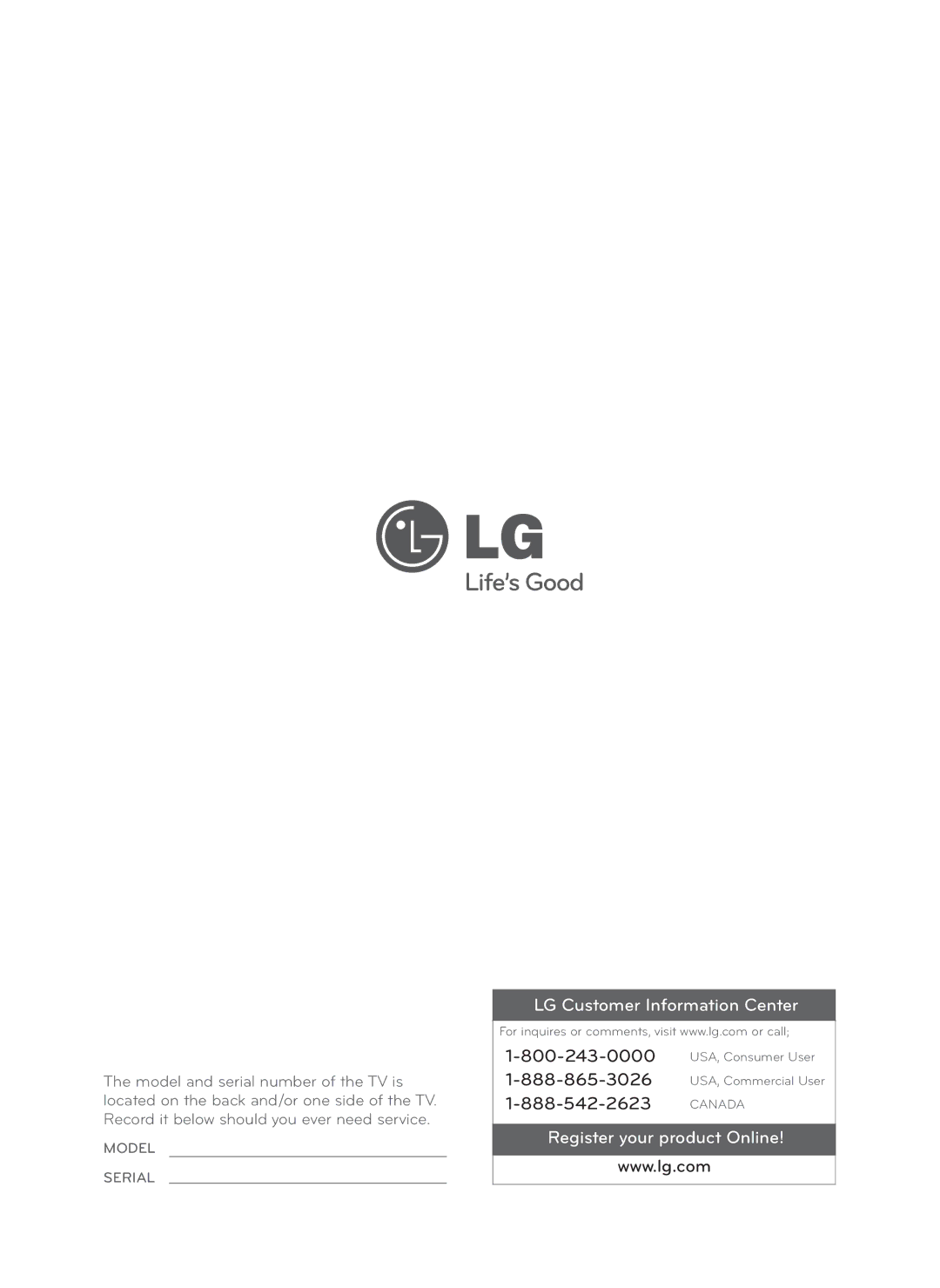 LG Electronics 42CM565, 47CM565 owner manual LG Customer Information Center 