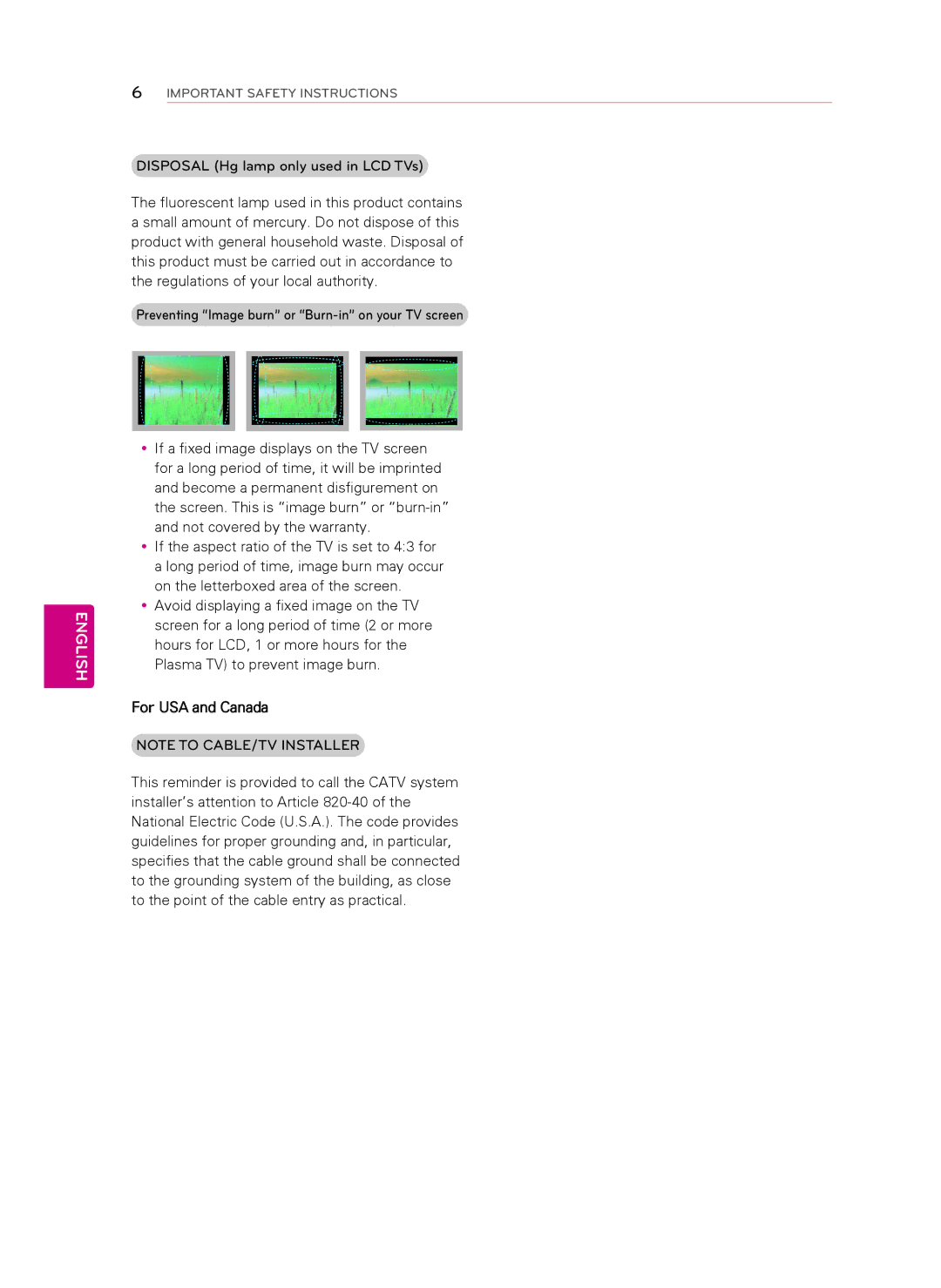 LG Electronics 42CM565, 47CM565 owner manual Disposal Hg lamp only used in LCD TVs, For USA and Canada 