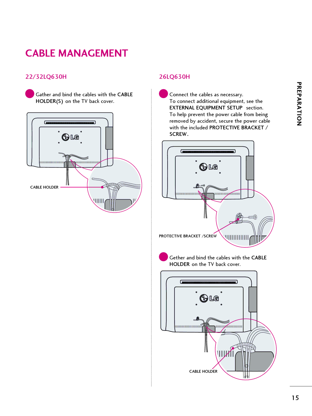 LG Electronics 32LQ63OH Cable Management, Removed by accident, secure the power cable, External Equipment Setup section 