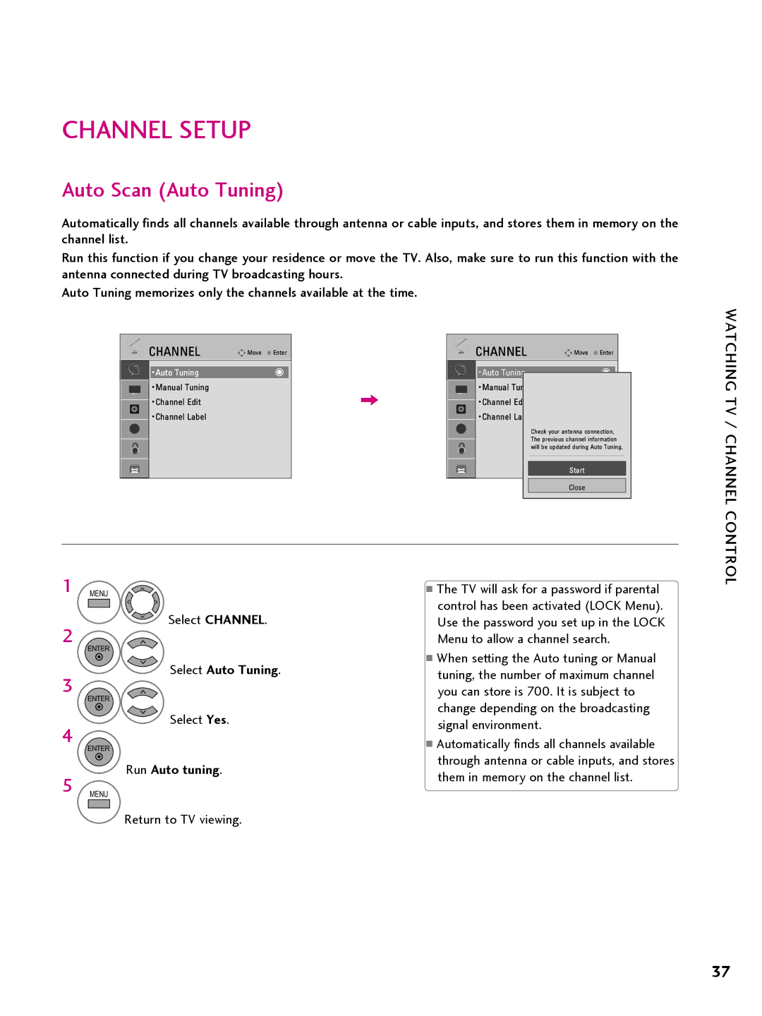 LG Electronics 22LQ63OH Channel Setup, Auto Scan Auto Tuning, Select Channel, Select Auto Tuning, Run Auto tuning 