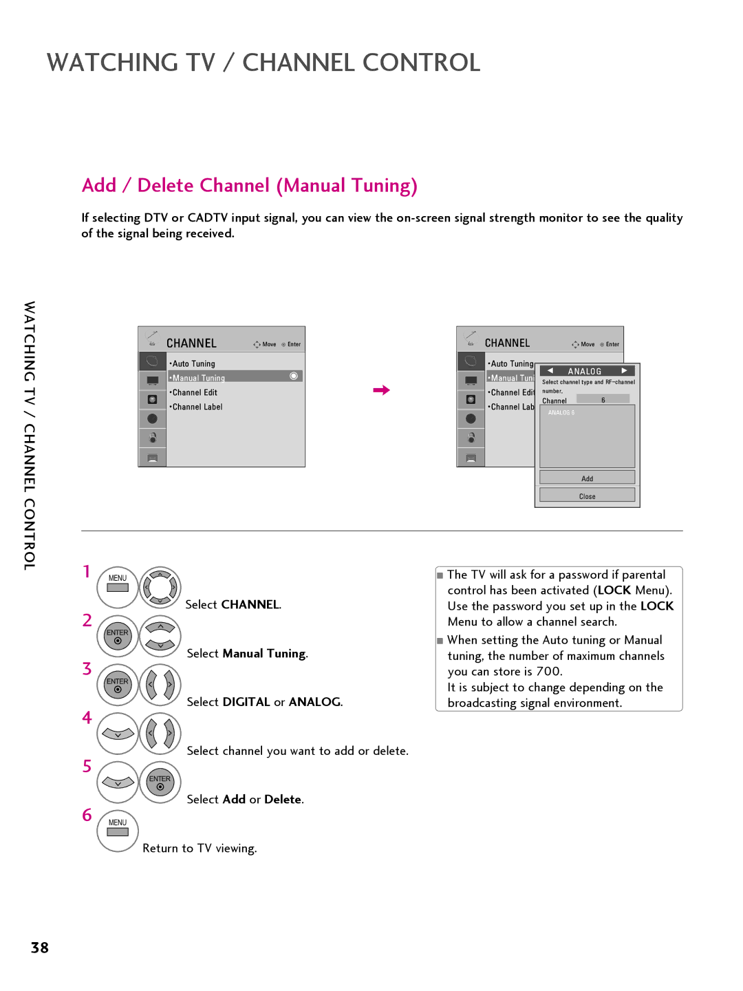 LG Electronics 26LQ63OH, 42CQ61OH Add / Delete Channel Manual Tuning, Select Manual Tuning, Select Digital or Analog 