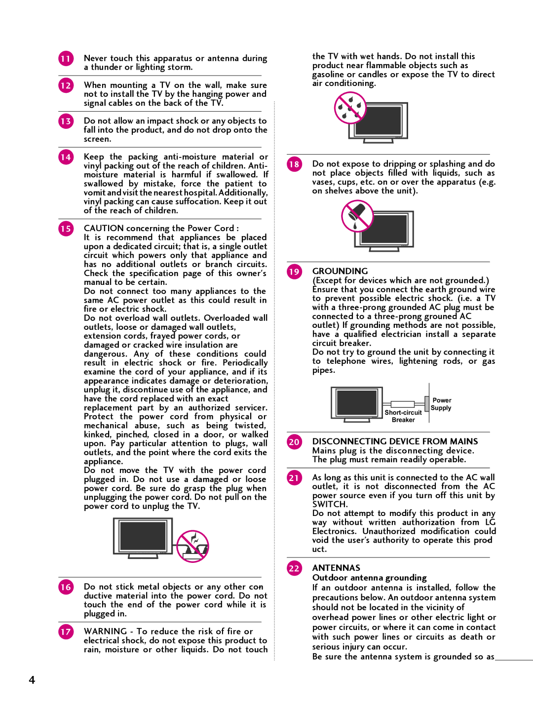 LG Electronics 42CQ61OH, 22LQ63OH, 26LQ63OH Outdoor antenna grounding, Be sure the antenna system is grounded so as 