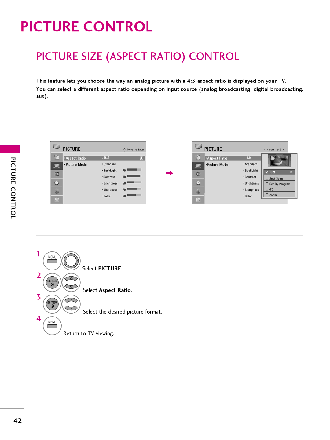 LG Electronics 26LQ63OH, 42CQ61OH, 22LQ63OH Picture Control, Picture Size Aspect Ratio Control, Select Aspect Ratio 