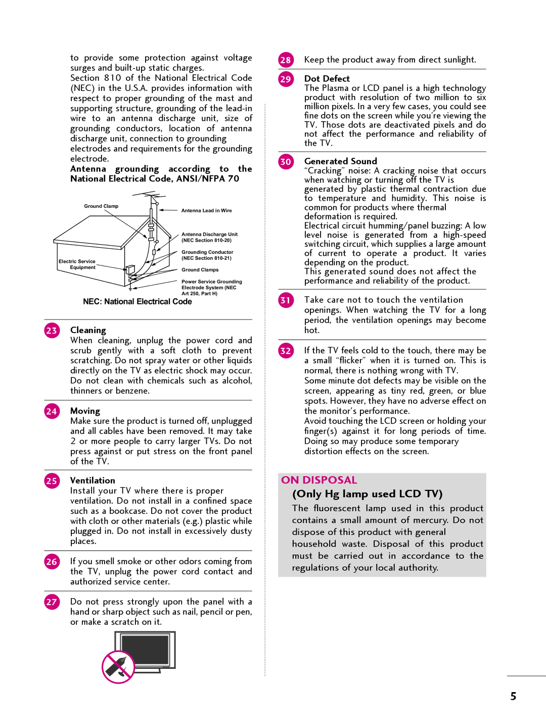 LG Electronics 22LQ63OH, 42CQ61OH, 26LQ63OH, 32LQ63OH owner manual Cleaning, Moving, Ventilation, Dot Defect, Generated Sound 