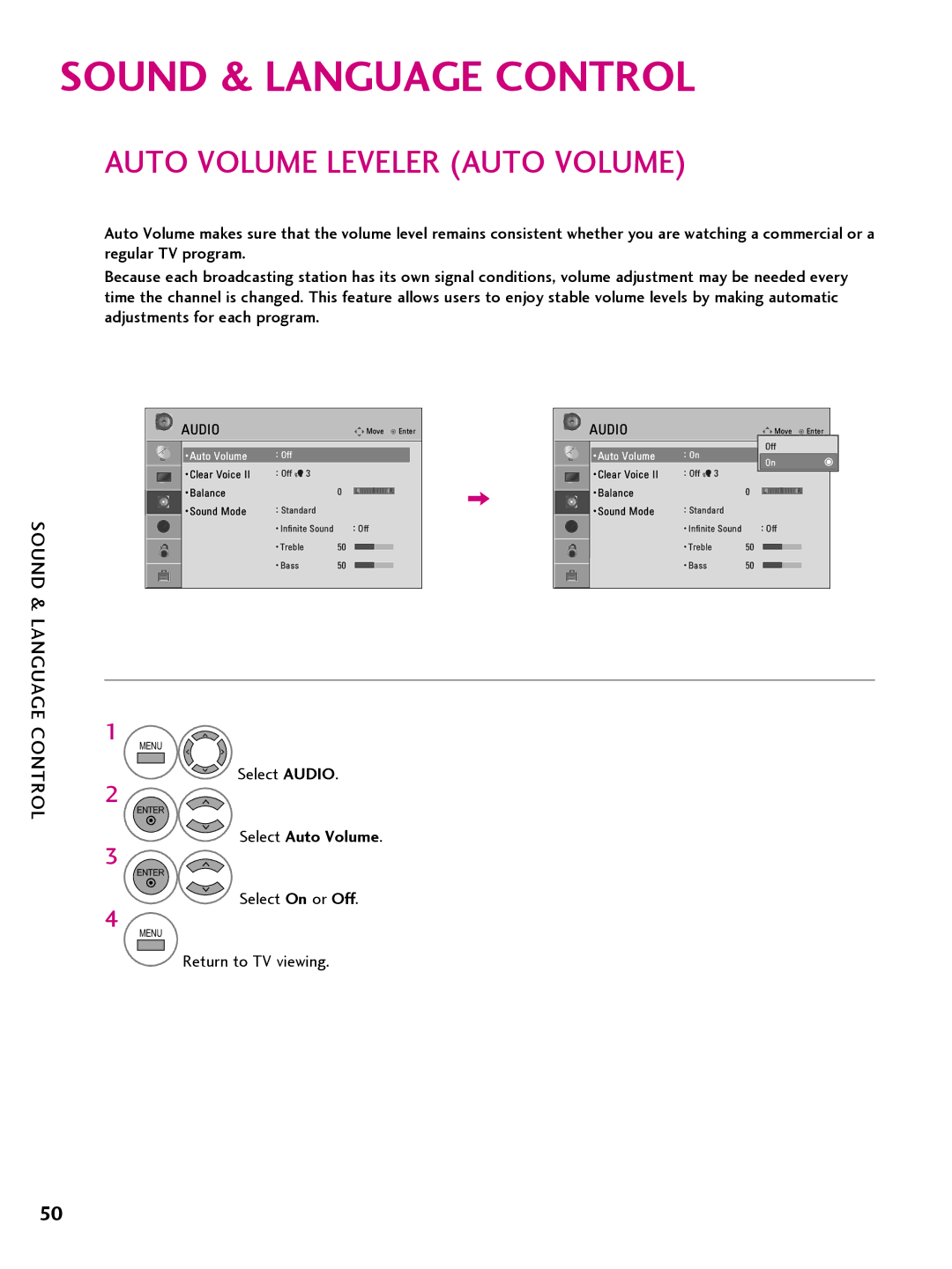 LG Electronics 26LQ63OH Sound & Language Control, Auto Volume Leveler Auto Volume, Select Audio, Select Auto Volume 