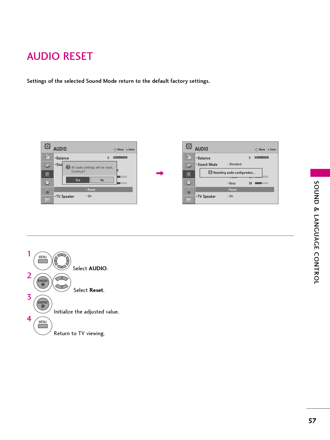 LG Electronics 22LQ63OH, 42CQ61OH, 26LQ63OH, 32LQ63OH owner manual Audio Reset, Select Reset 