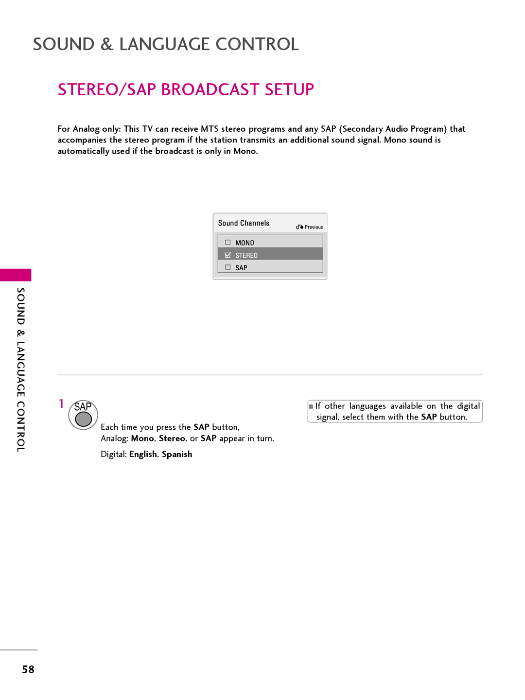 LG Electronics 26LQ63OH STEREO/SAP Broadcast Setup, Signal, select them with the SAP button, Digital English, Spanish 