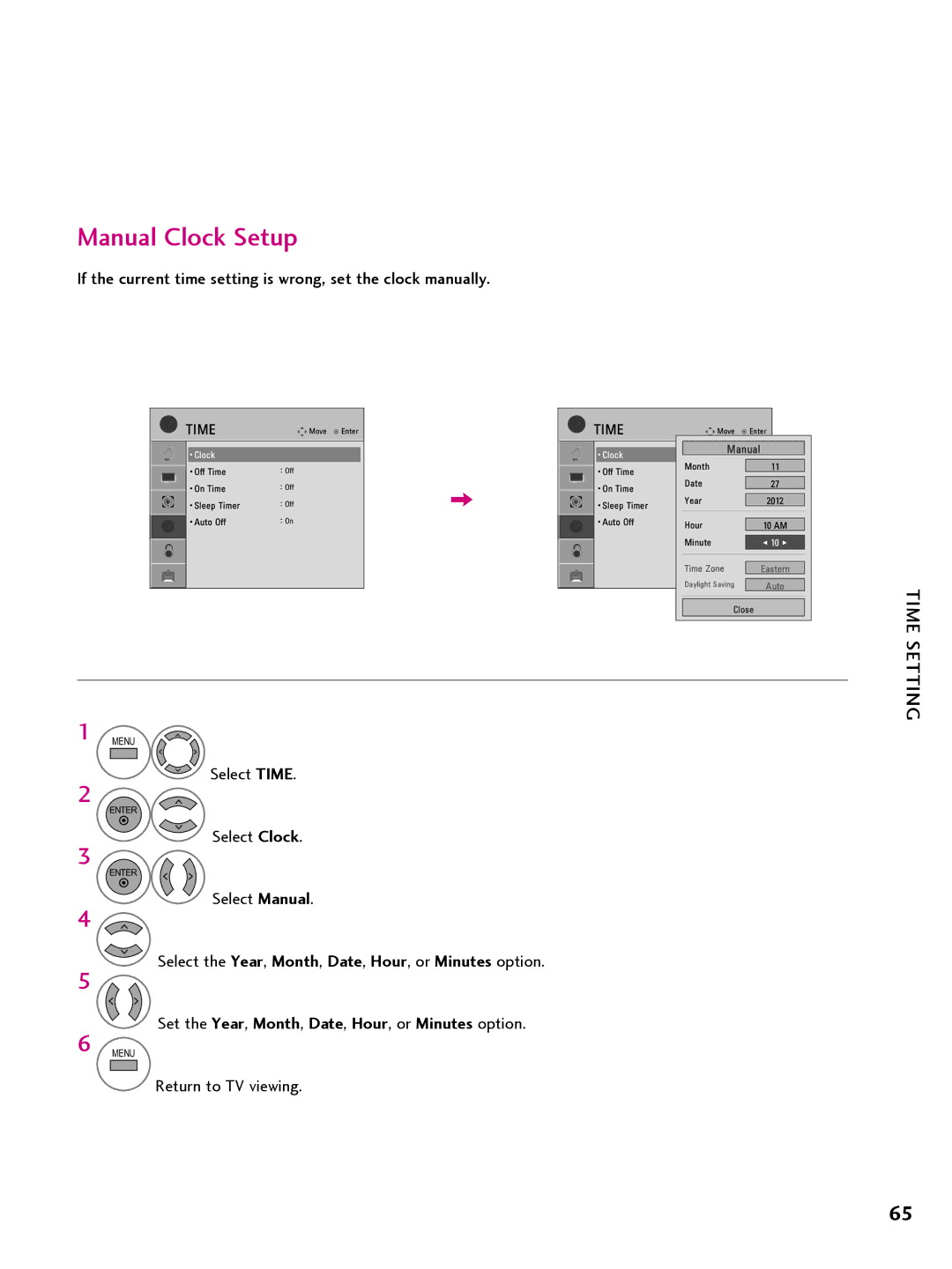 LG Electronics 22LQ63OH, 42CQ61OH Manual Clock Setup, If the current time setting is wrong, set the clock manually 