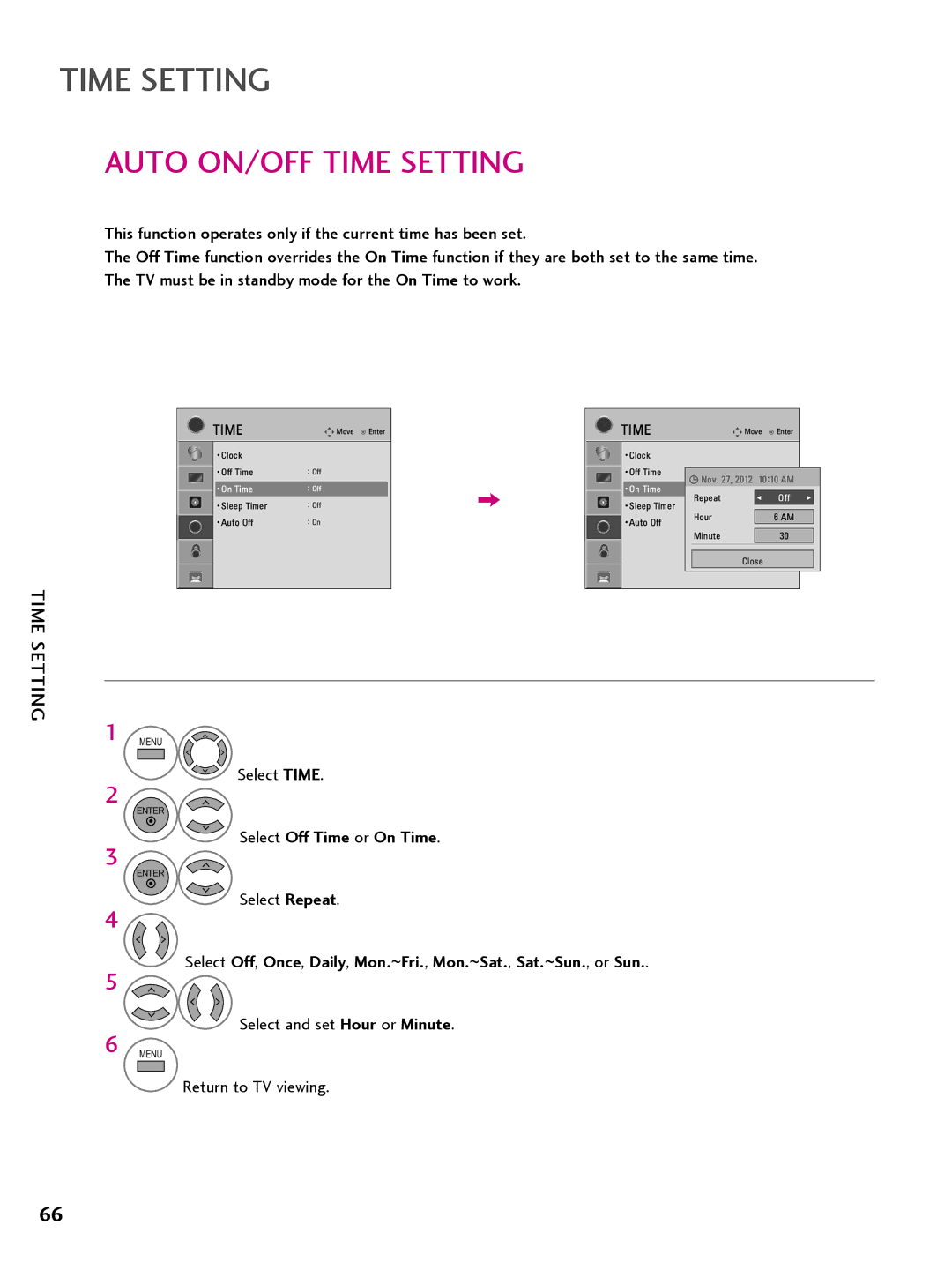 LG Electronics 26LQ63OH Auto ON/OFF Time Setting, Select Off Time or On Time, Select Repeat, Select and set Hour or Minute 