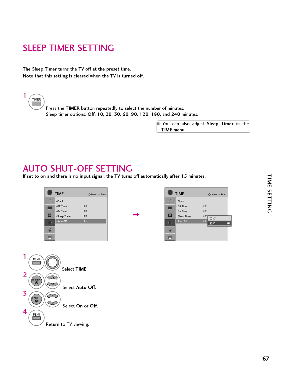 LG Electronics 32LQ63OH Sleep Timer Setting, Auto SHUT-OFF Setting, Sleep Timer turns the TV off at the preset time 