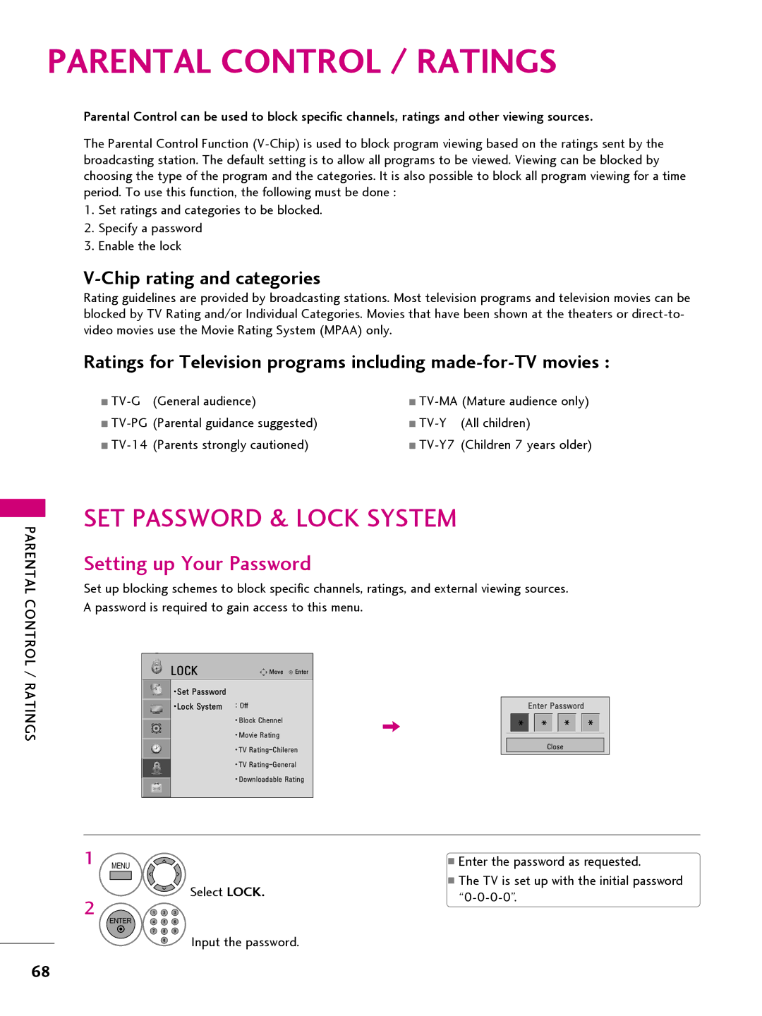 LG Electronics 42CQ61OH, 22LQ63OH Parental Control / Ratings, SET Password & Lock System, Setting up Your Password 