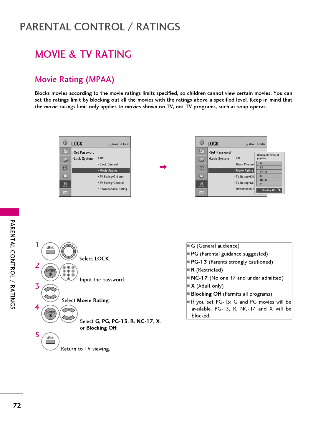 LG Electronics 42CQ61OH, 22LQ63OH, 26LQ63OH, 32LQ63OH owner manual Movie & TV Rating, Movie Rating Mpaa, Select Movie Rating 