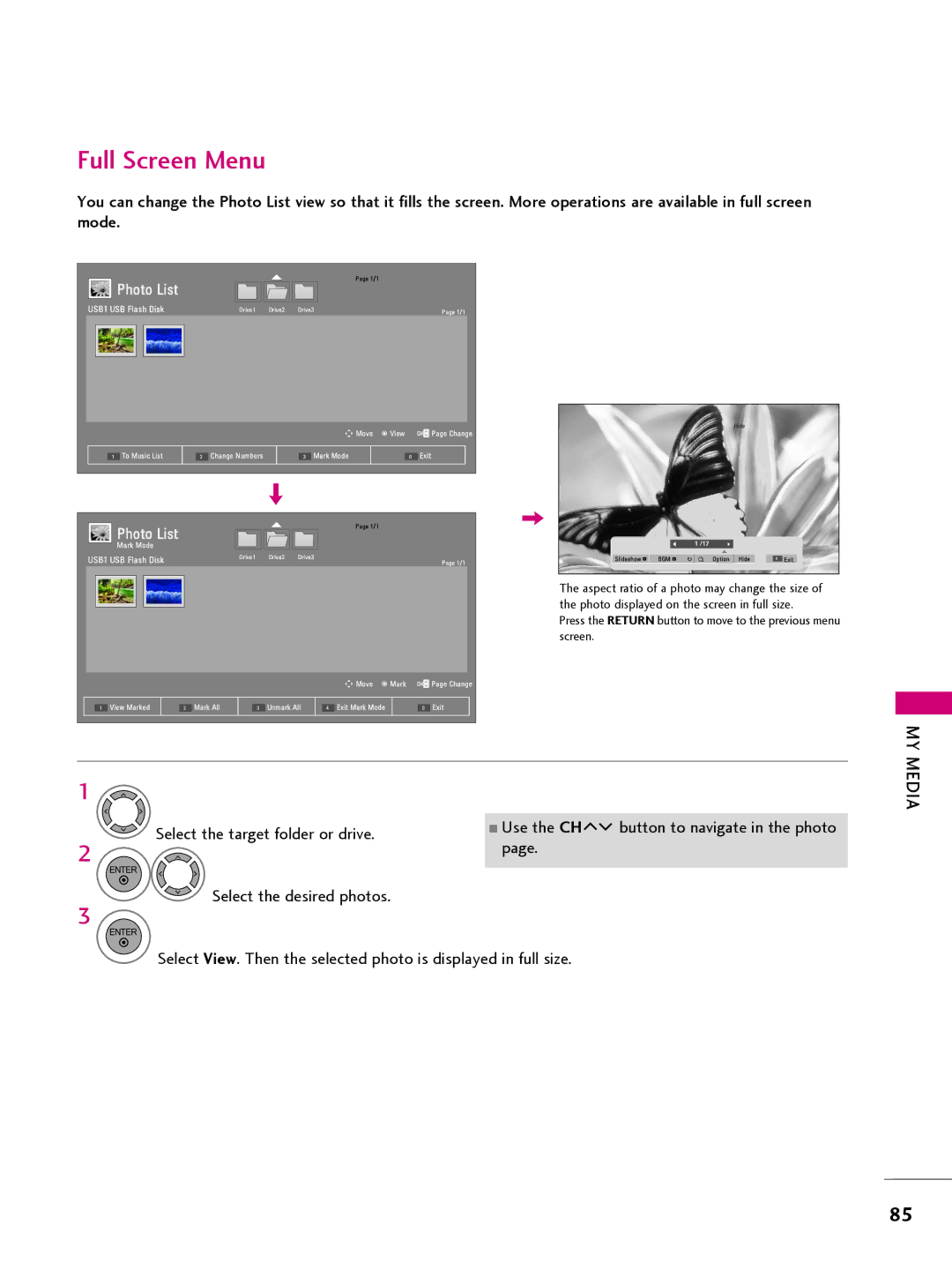 LG Electronics 22LQ63OH Full Screen Menu, Select the target folder or drive Use the CH, Select the desired photos 